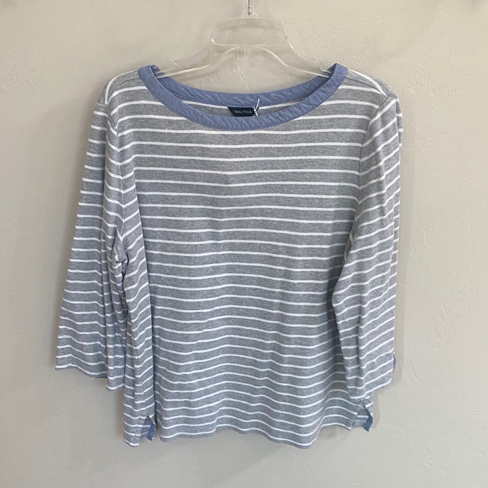 Nautica Gray and Blue Striped Long Sleeve Top